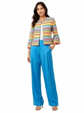 NWT $860 Alice + Olivia Bell Sleeve Jacket Multi + Pleated Pants Ocean Blue 8
